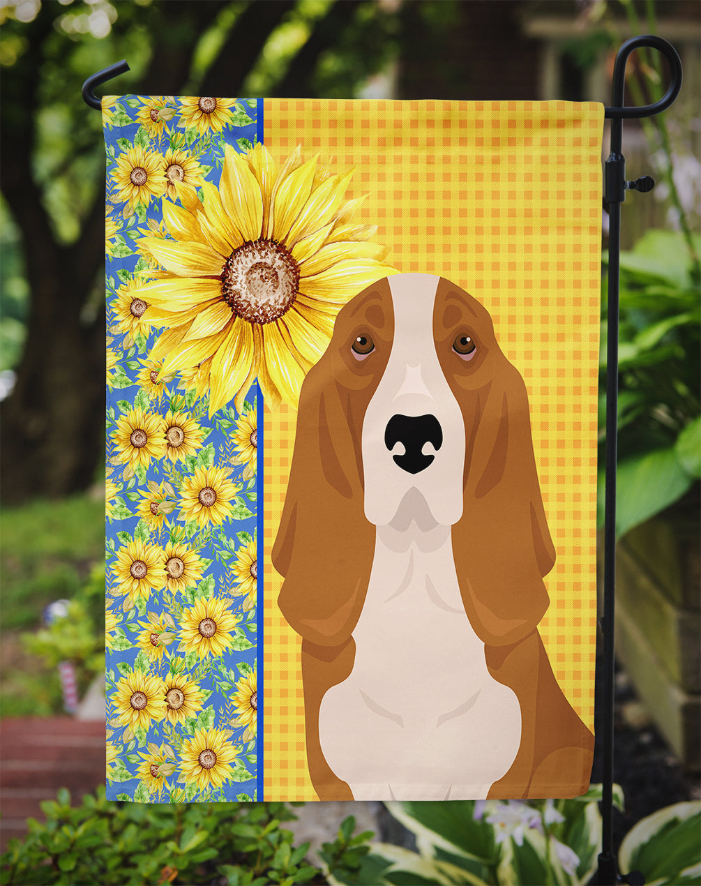 Summer Sunflowers Red and White Tricolor Basset Hound Garden Flag