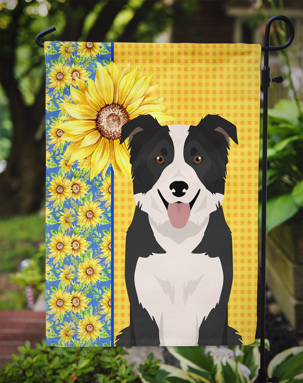 Summer Sunflowers Black and White Border Collie Garden Flag