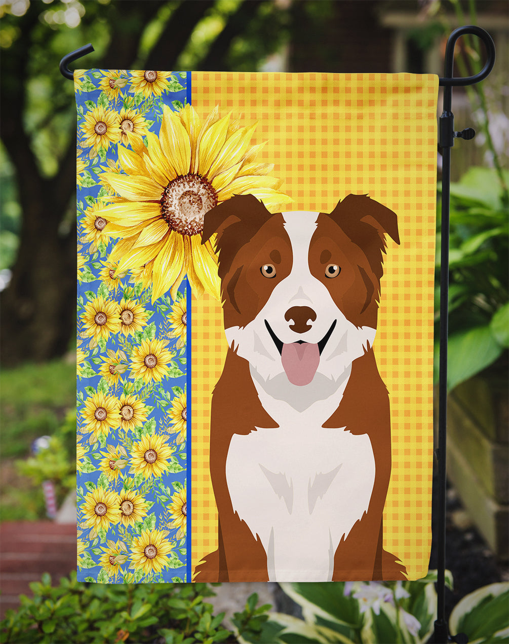 Summer Sunflowers Red and White Border Collie Garden Flag