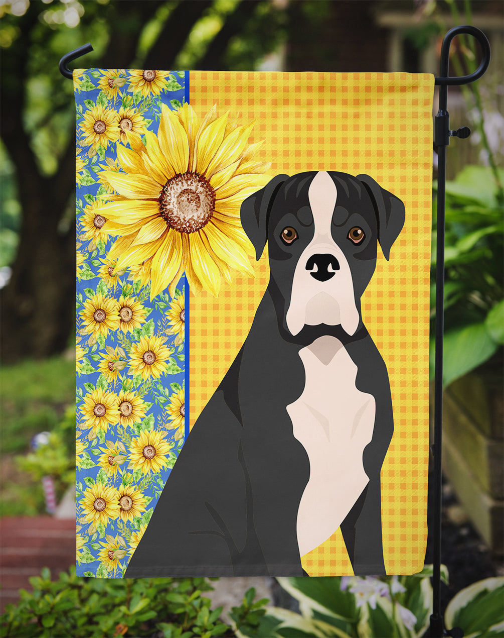 Summer Sunflowers Natural Eared Black Boxer Garden Flag