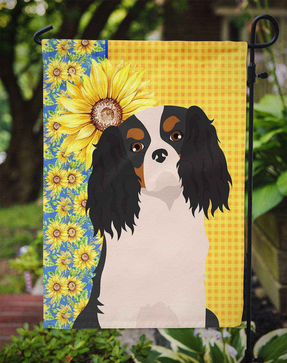 Summer Sunflowers Tricolor Cavalier Spaniel Garden Flag