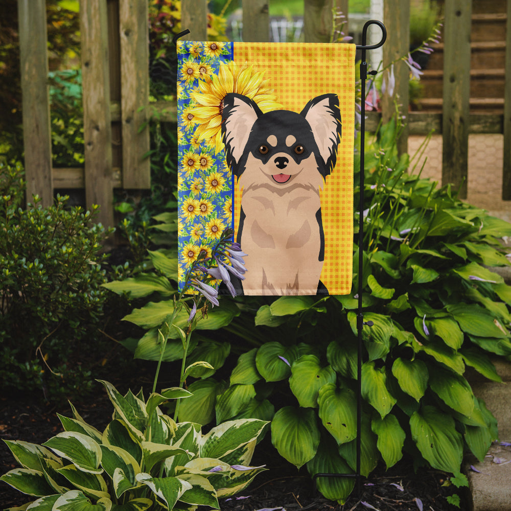 Summer Sunflowers Longhaired Black and White Chihuahua Garden Flag