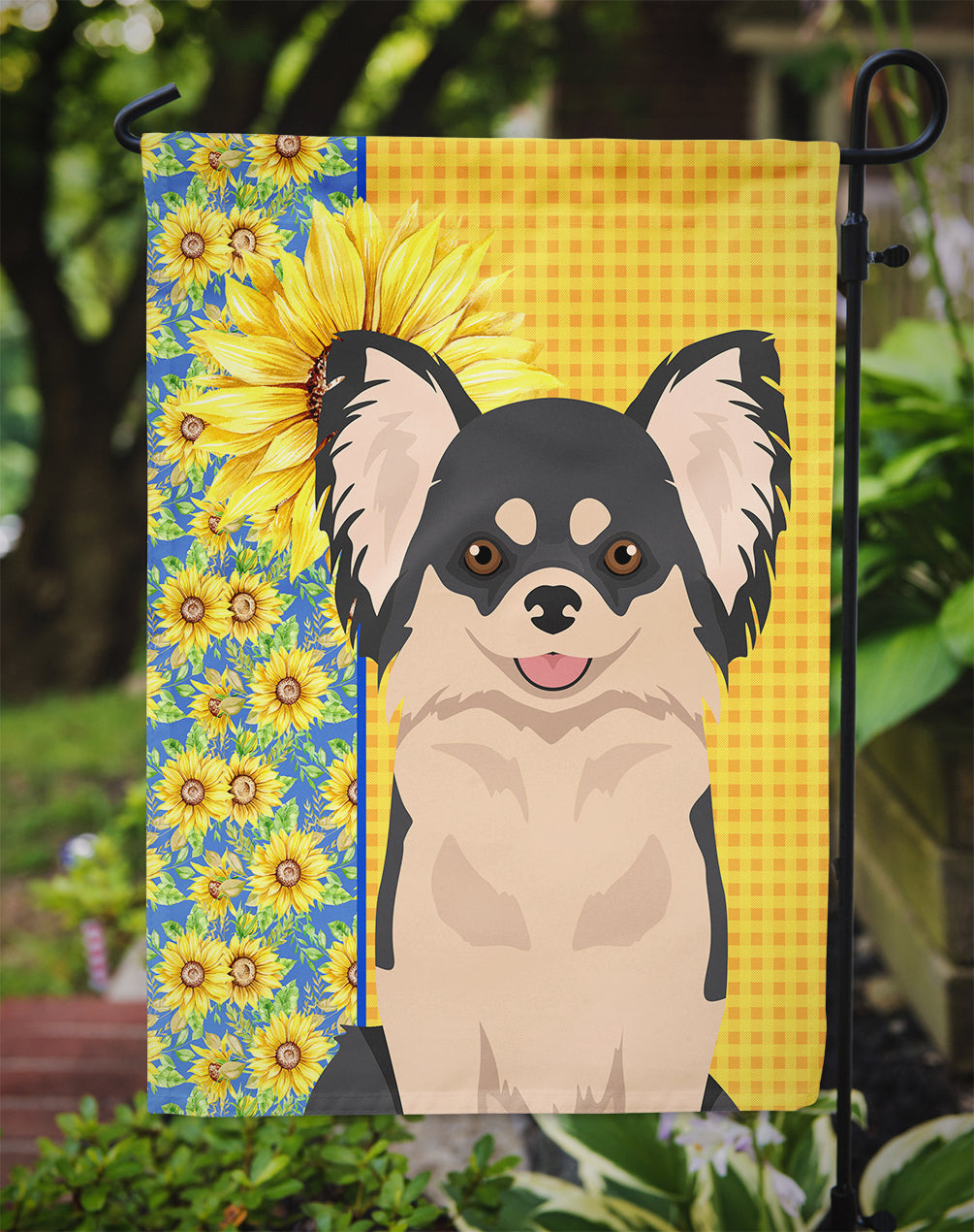 Summer Sunflowers Longhaired Black and White Chihuahua Garden Flag