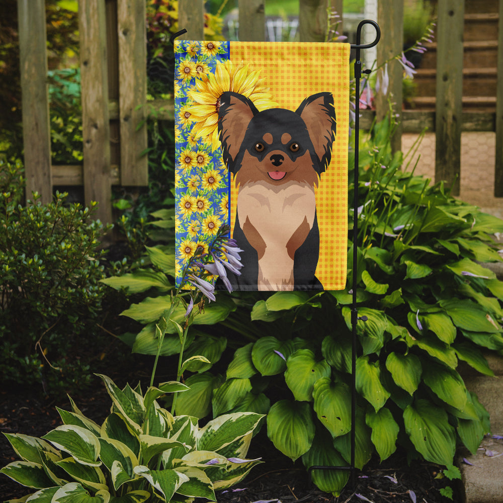 Summer Sunflowers Longhaired Black and Tan Chihuahua Garden Flag