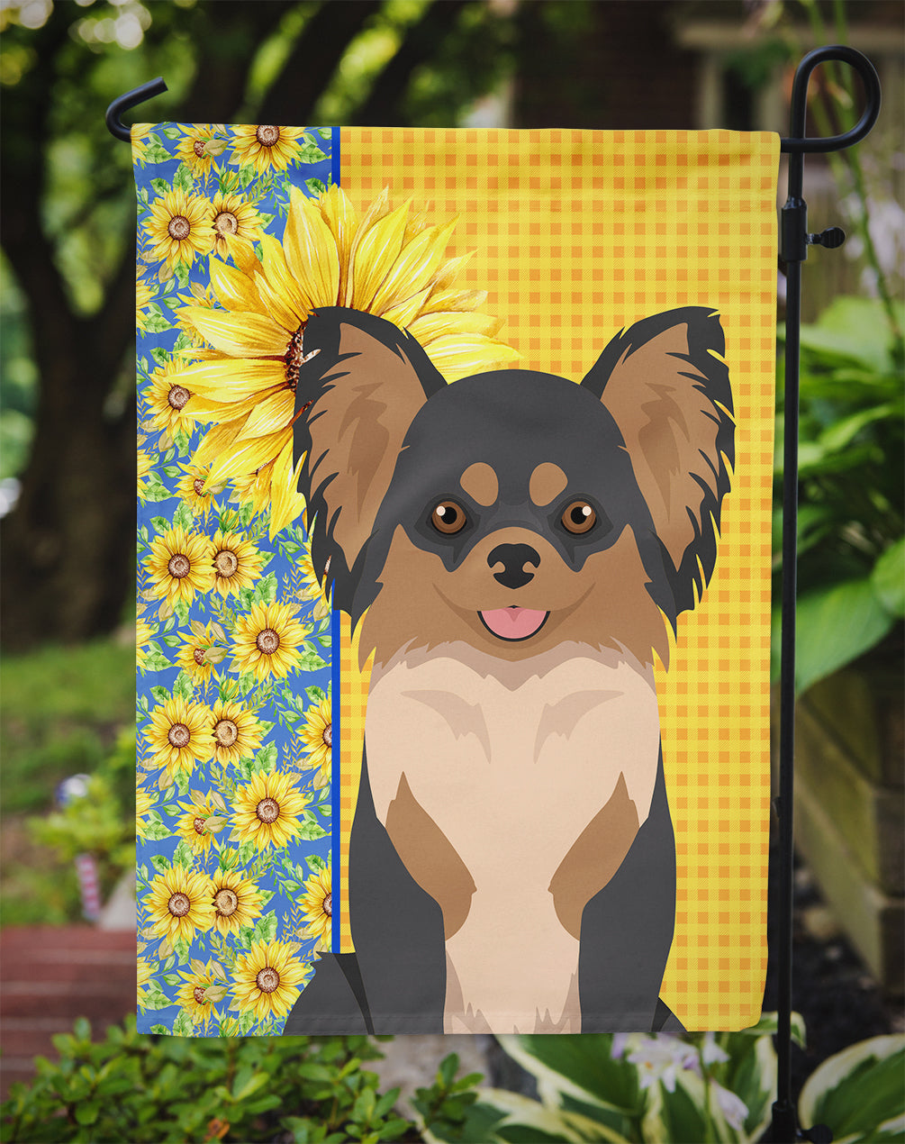 Summer Sunflowers Longhaired Black and Tan Chihuahua Garden Flag