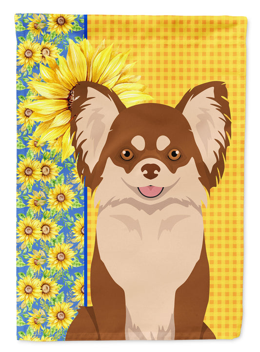 Buy this Summer Sunflowers Longhaired Chocolate and White Chihuahua Garden Flag