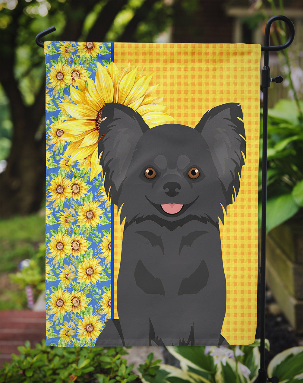 Summer Sunflowers Longhaired Black Chihuahua Garden Flag