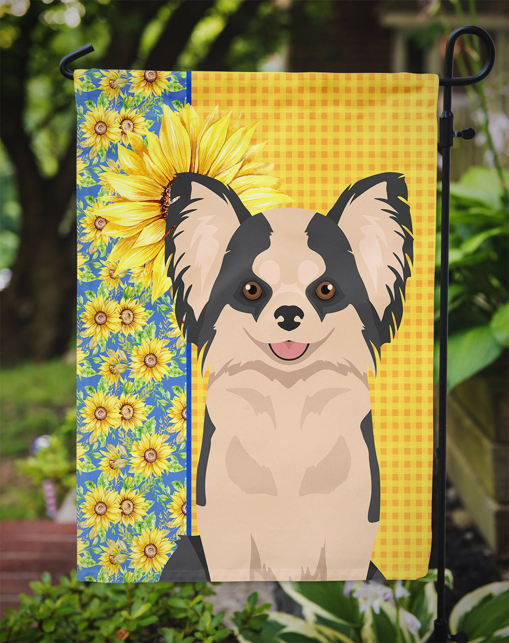 Summer Sunflowers Longhaired Black and White #2 Chihuahua Garden Flag