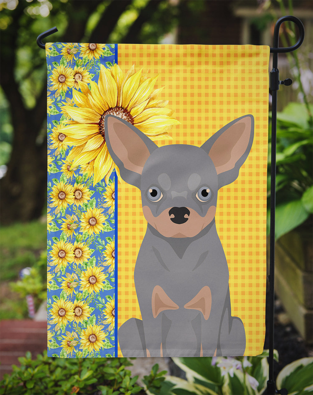 Summer Sunflowers Blue and Tan Chihuahua Garden Flag