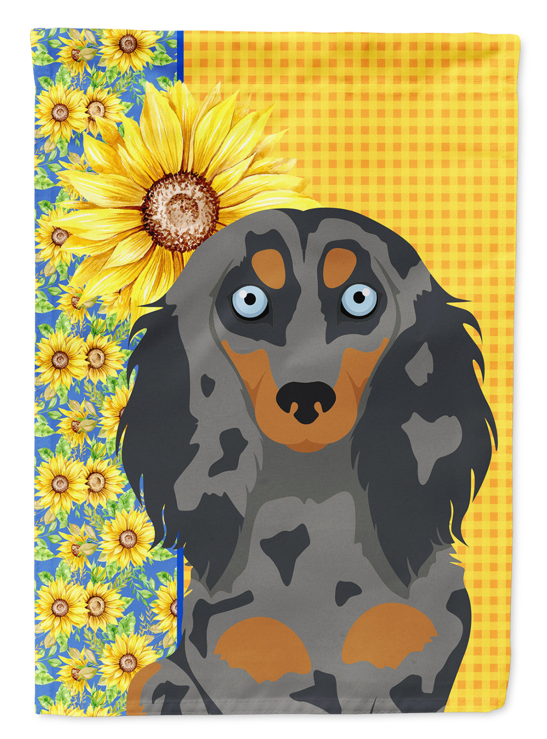 Buy this Summer Sunflowers Longhair Blue and Tan Dapple Dachshund Garden Flag