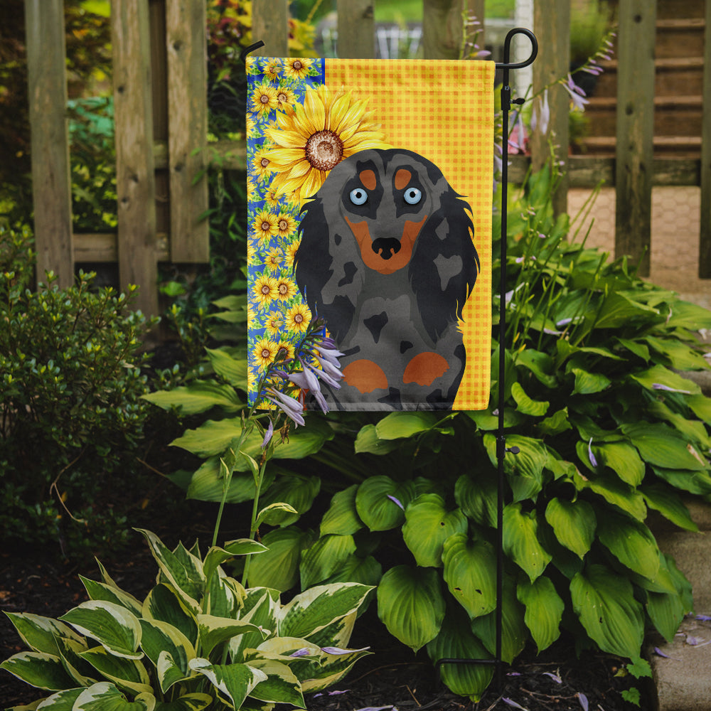 Summer Sunflowers Longhair Blue and Tan Dapple Dachshund Garden Flag