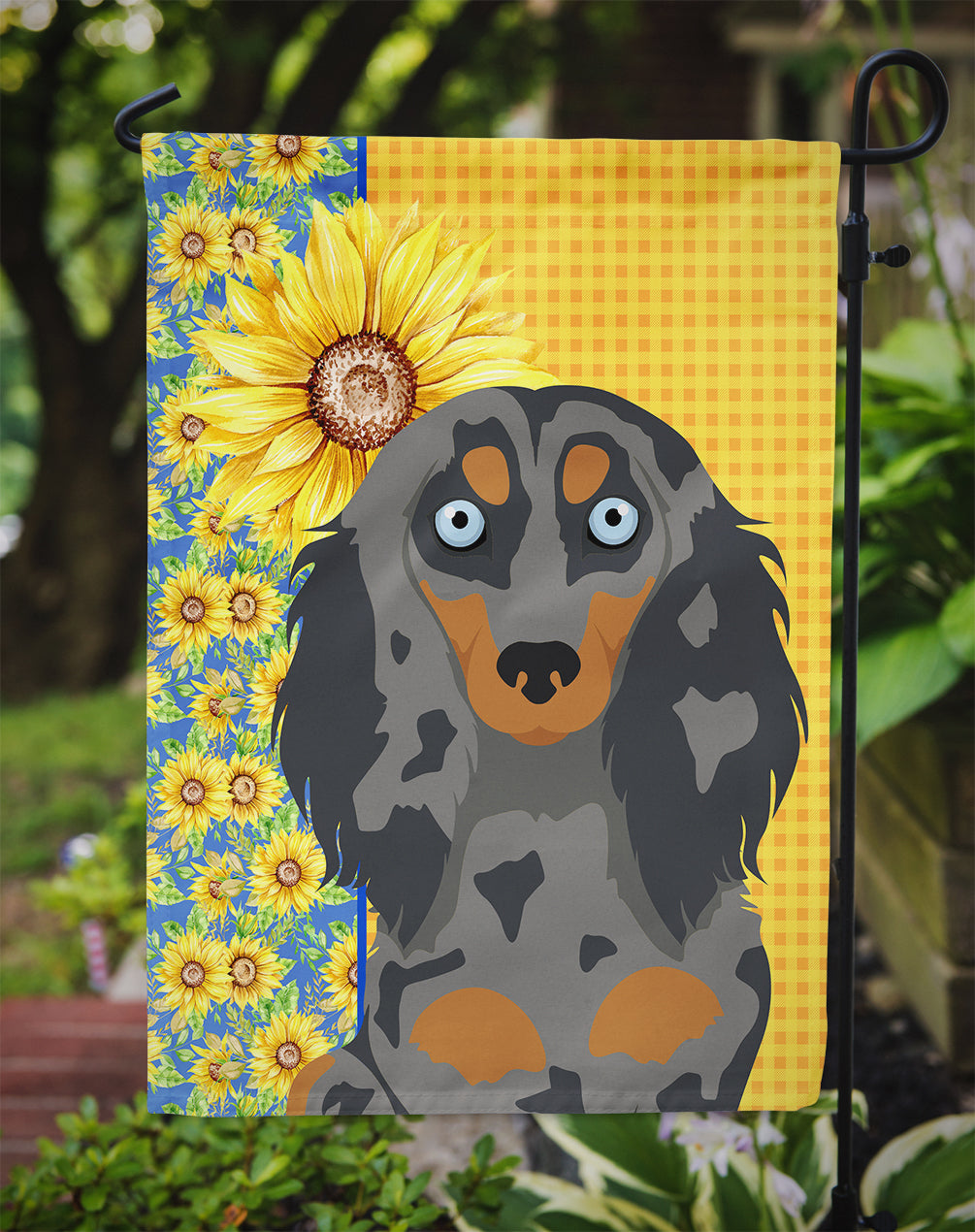 Summer Sunflowers Longhair Blue and Tan Dapple Dachshund Garden Flag