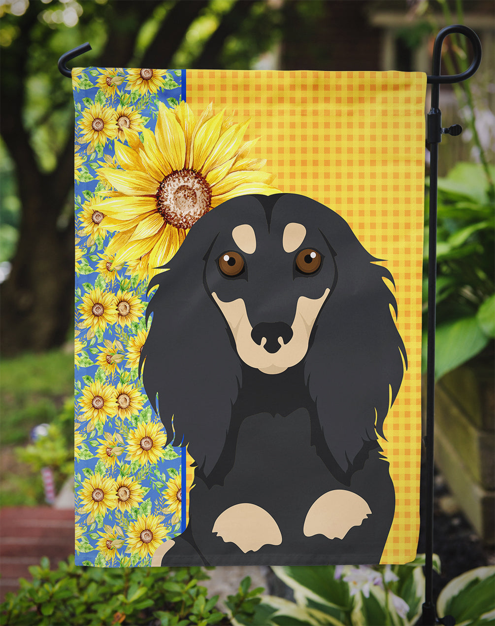 Summer Sunflowers Longhair Black and Cream Dachshund Garden Flag