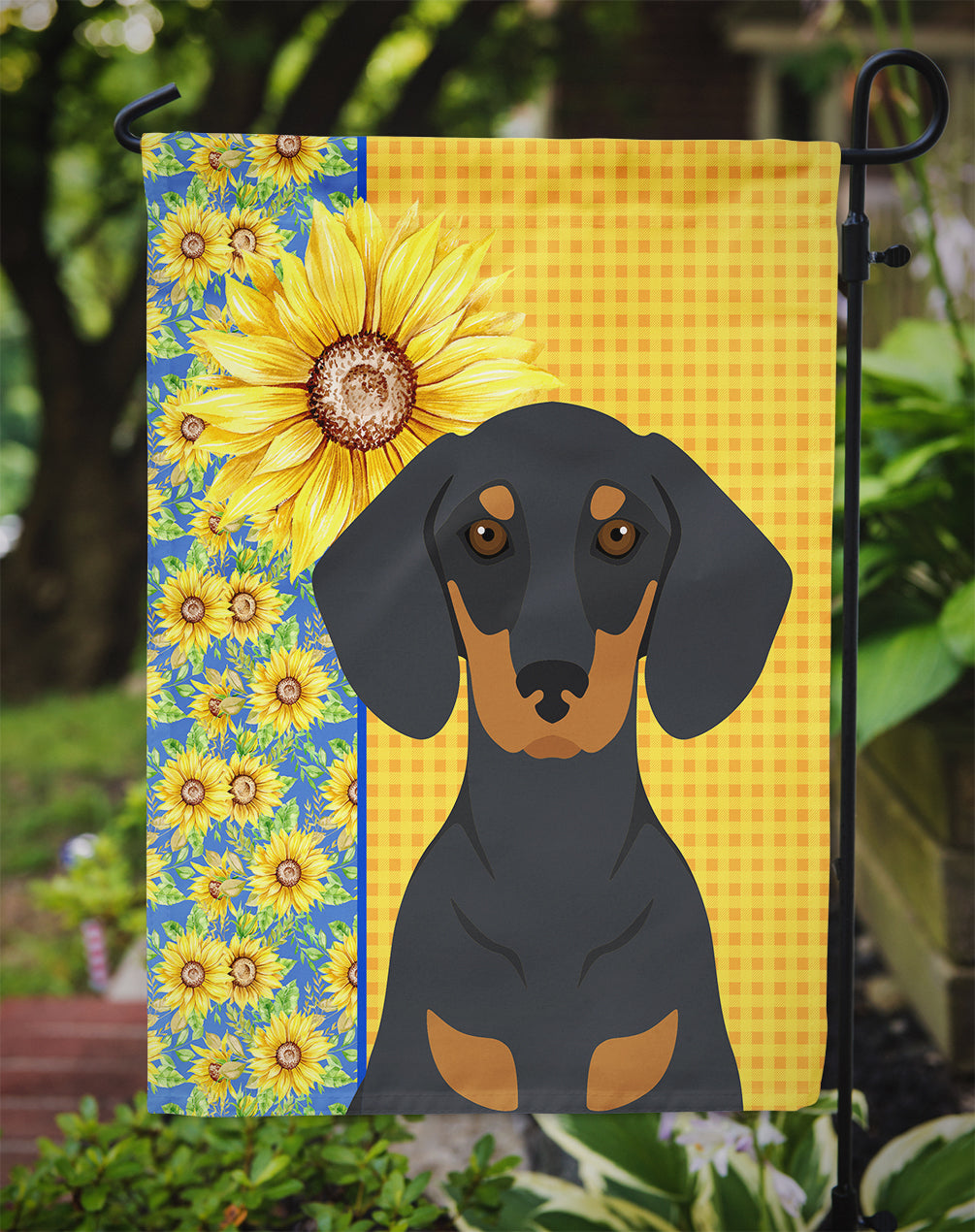 Summer Sunflowers Black and Tan Dachshund Garden Flag