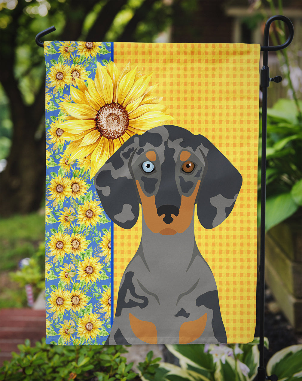 Summer Sunflowers Black Dapple Dachshund Garden Flag