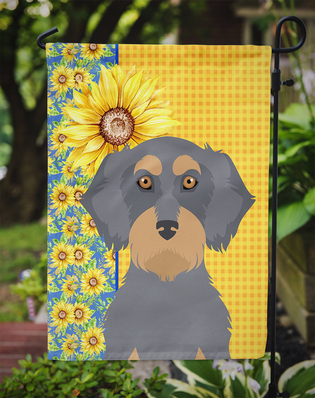 Summer Sunflowers Wirehair Blue and Tan Dachshund Garden Flag