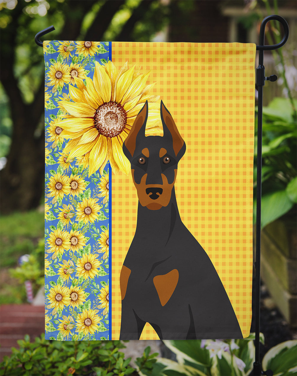 Summer Sunflowers Black and Tan Doberman Pinscher Garden Flag
