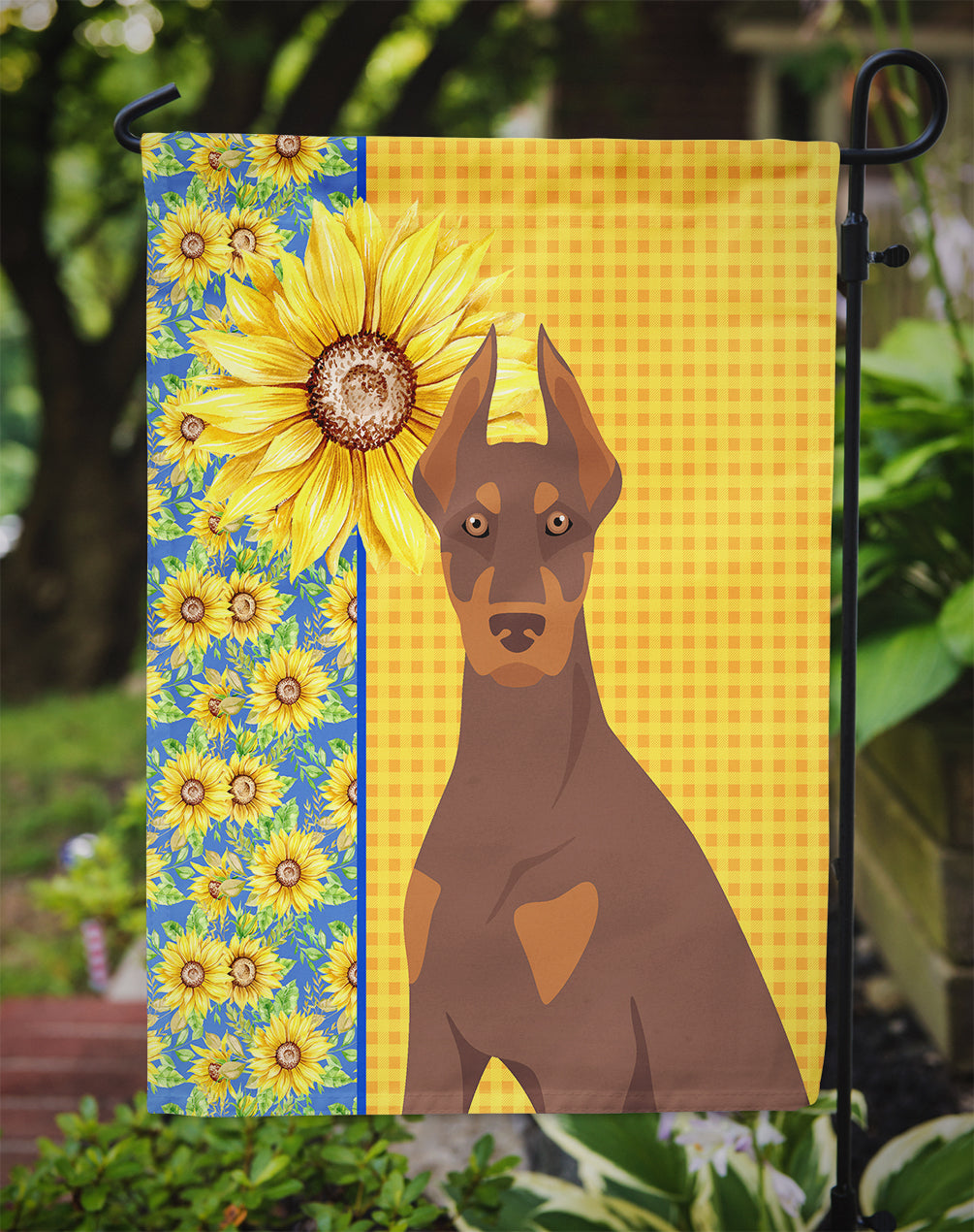 Summer Sunflowers Red and Tan Doberman Pinscher Garden Flag