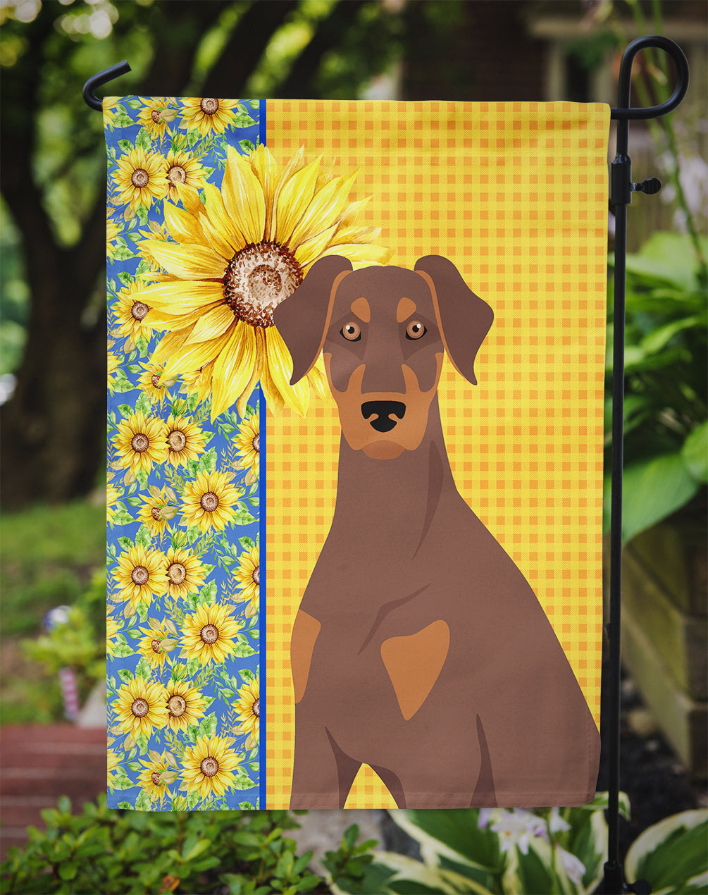 Summer Sunflowers Natural Ear Red and Tan Doberman Pinscher Garden Flag