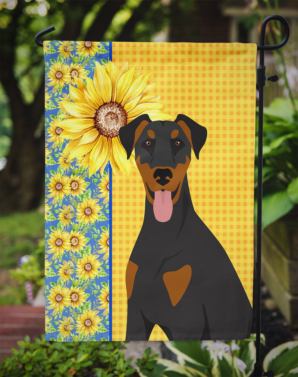 Summer Sunflowers Natural Ear Black and Tan Doberman Pinscher Garden Flag