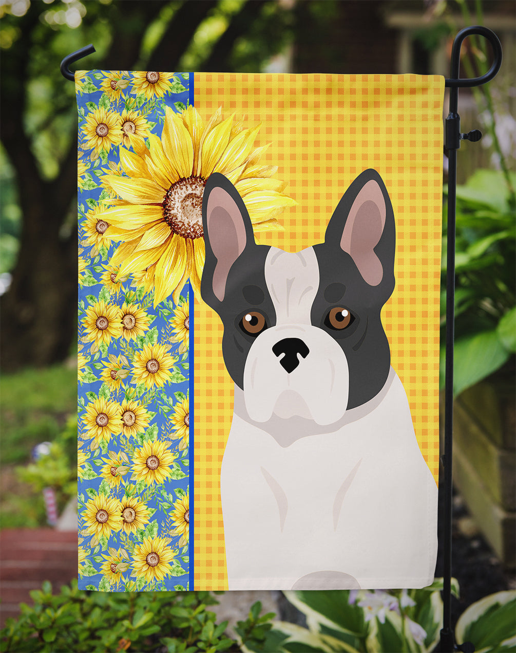 Summer Sunflowers Black and White French Bulldog Garden Flag