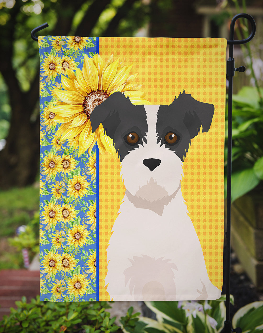 Summer Sunflowers Black White Wirehair Jack Russell Terrier Garden Flag