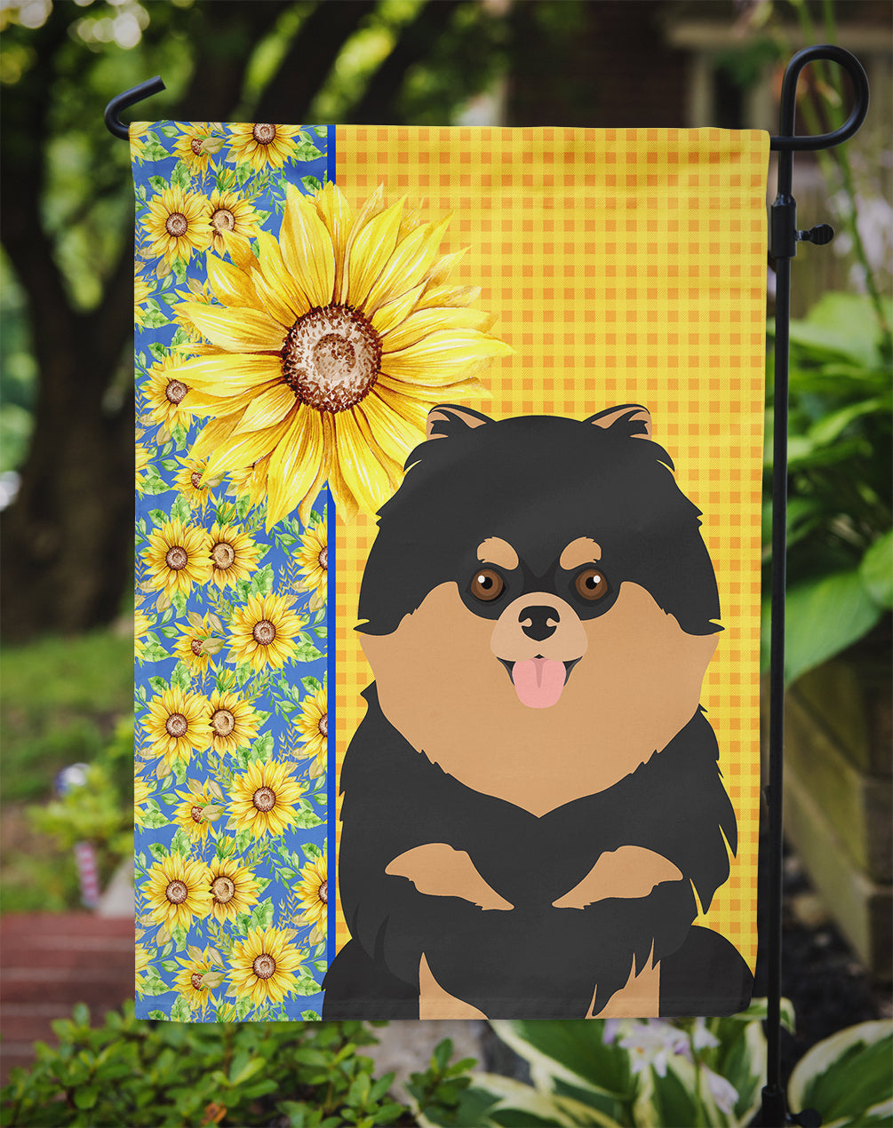 Summer Sunflowers Black and Tan Pomeranian Garden Flag