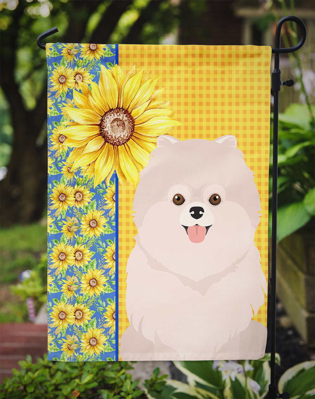 Summer Sunflowers White Pomeranian Garden Flag