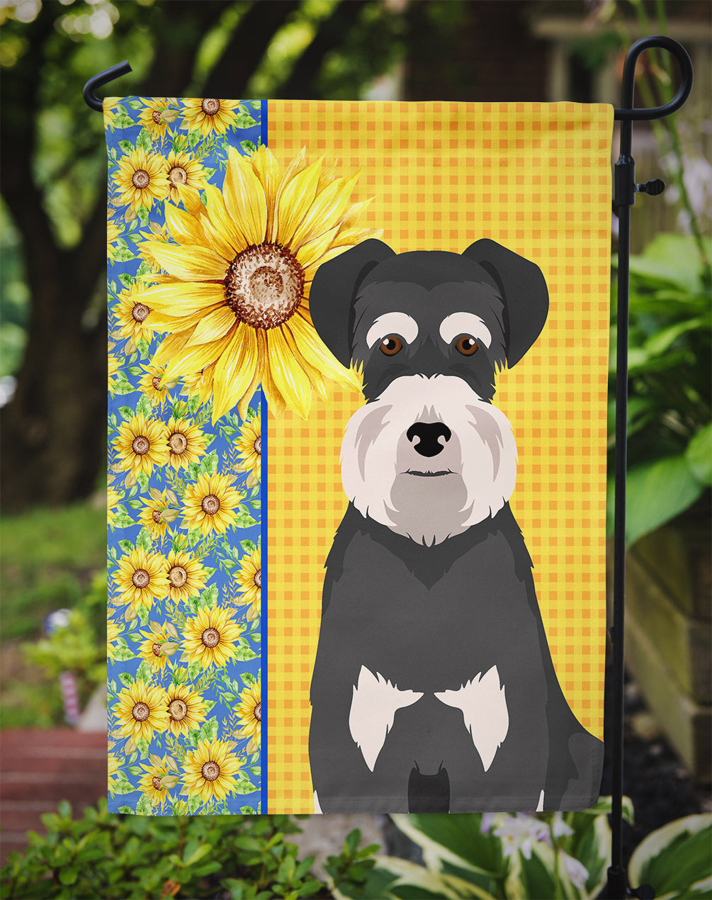 Summer Sunflowers Black and Silver Natural Ears Schnauzer Garden Flag