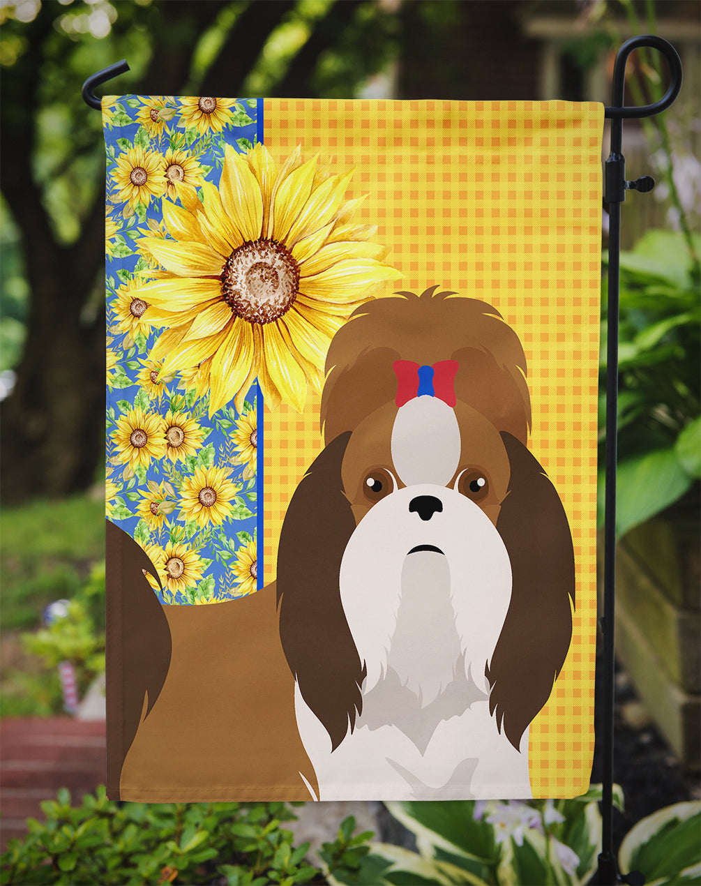 Summer Sunflowers Red and White Shih Tzu Garden Flag