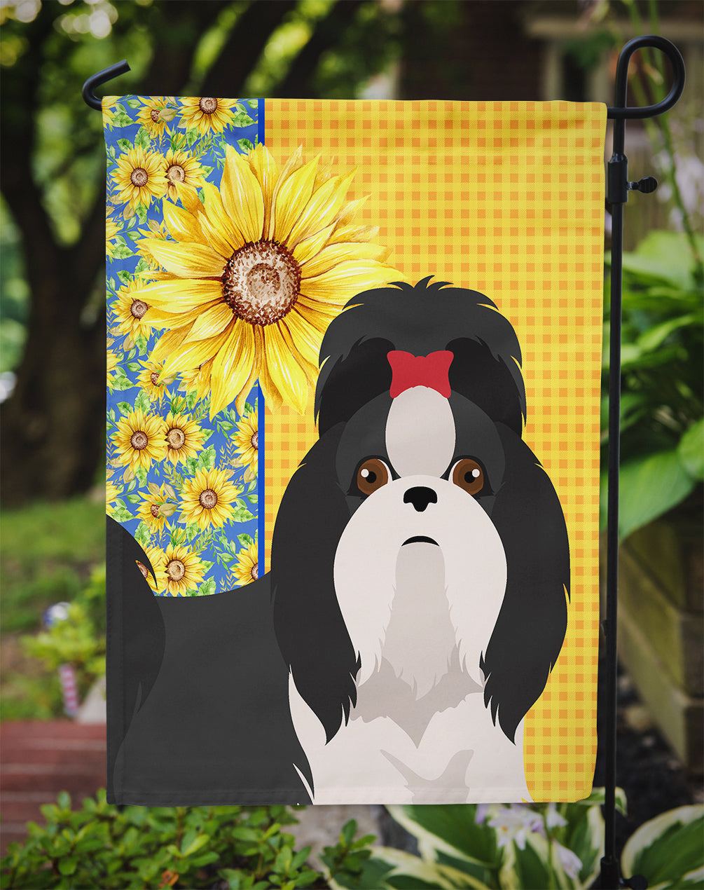Summer Sunflowers Black and White Shih Tzu Garden Flag