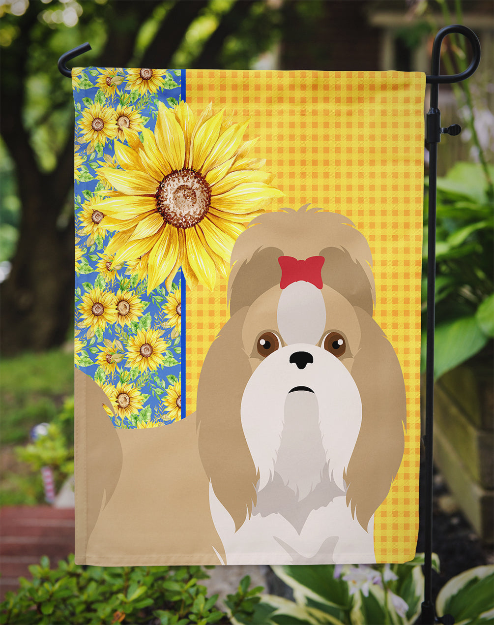 Summer Sunflowers Gold and White Shih Tzu Garden Flag