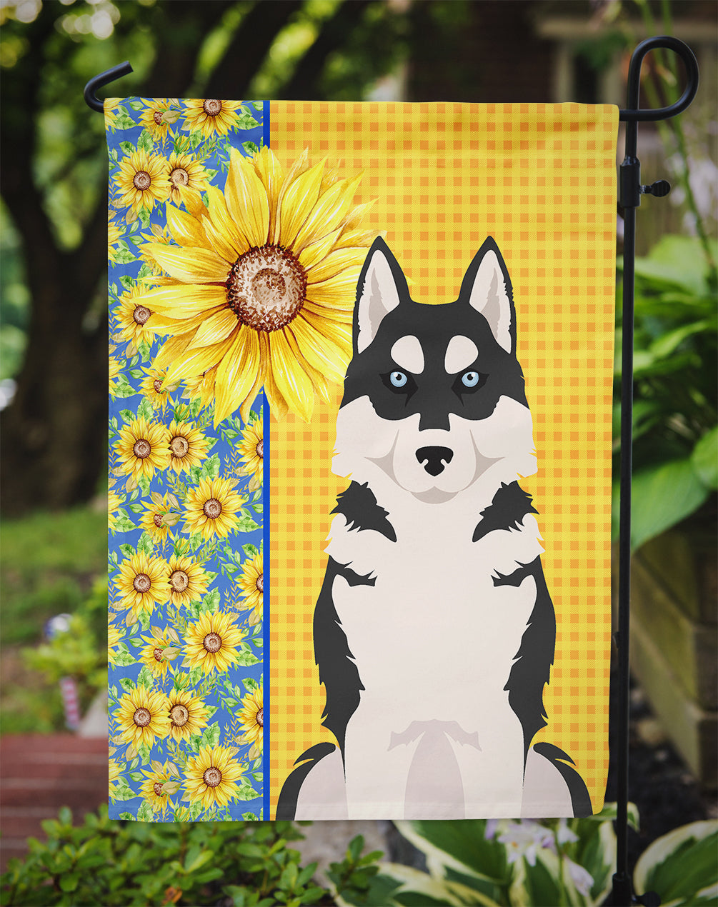 Summer Sunflowers Black Siberian Husky Garden Flag