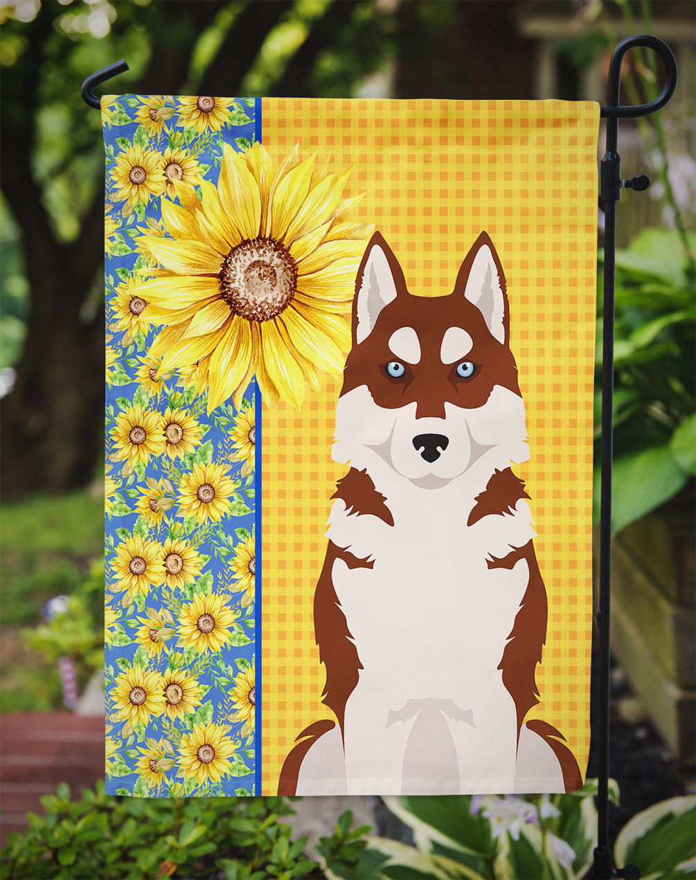 Summer Sunflowers Red Siberian Husky Garden Flag