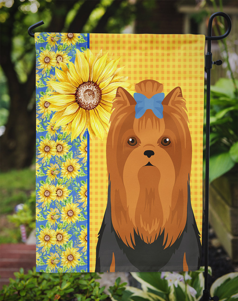 Summer Sunflowers Black and Tan Full Coat Yorkshire Terrier Garden Flag