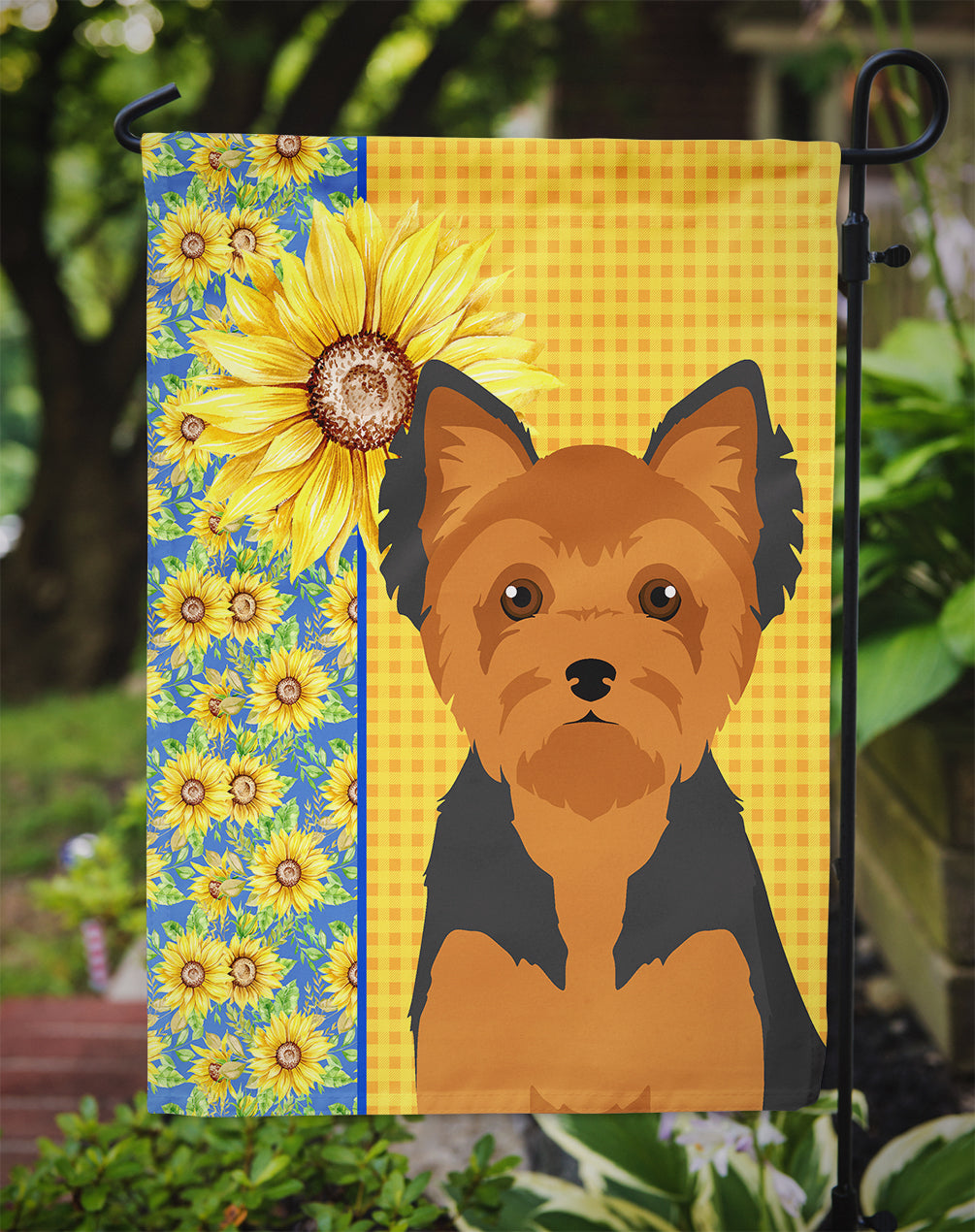 Summer Sunflowers Black and Tan Puppy Cut Yorkshire Terrier Garden Flag