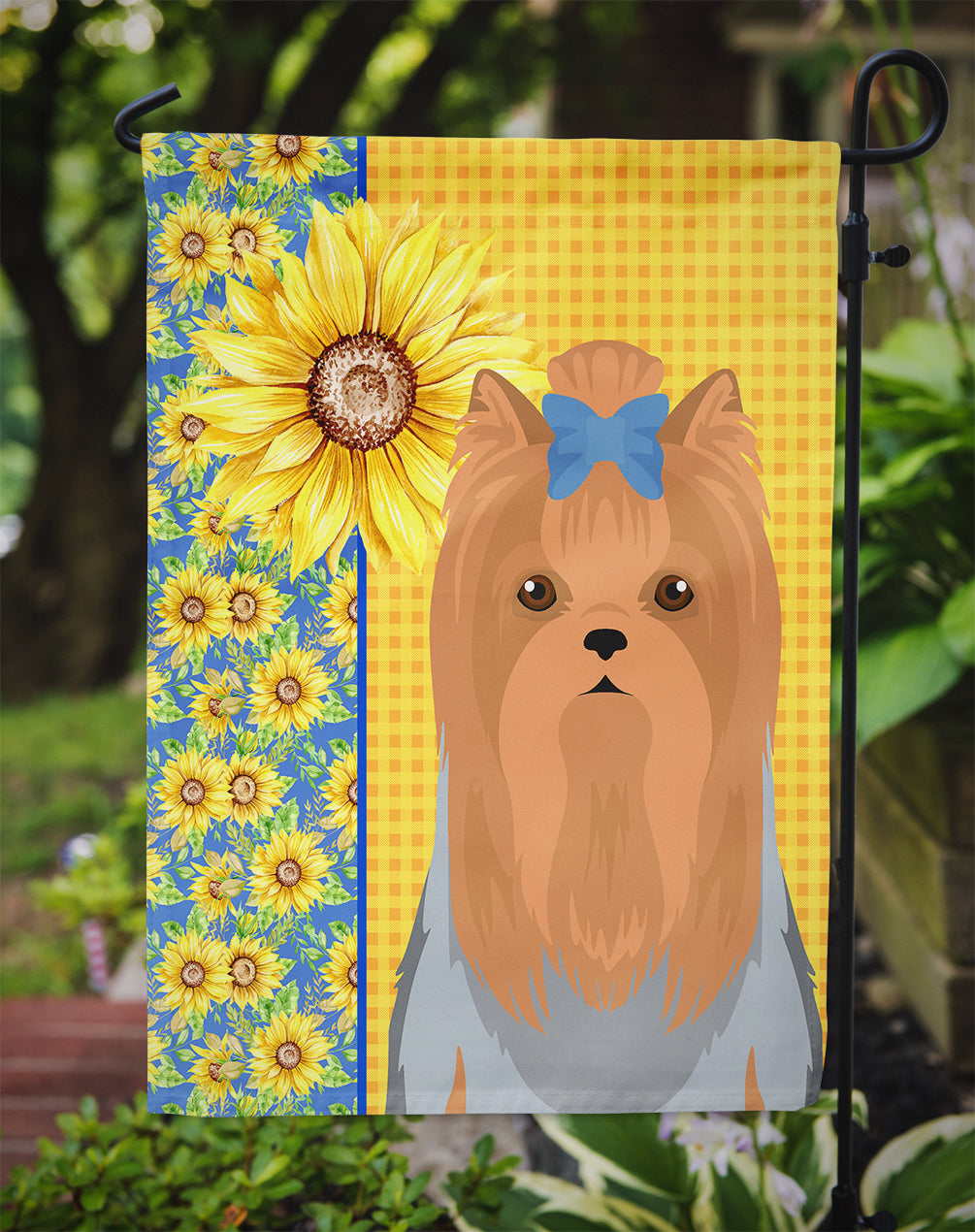 Summer Sunflowers Blue and Tan Full Coat Yorkshire Terrier Garden Flag