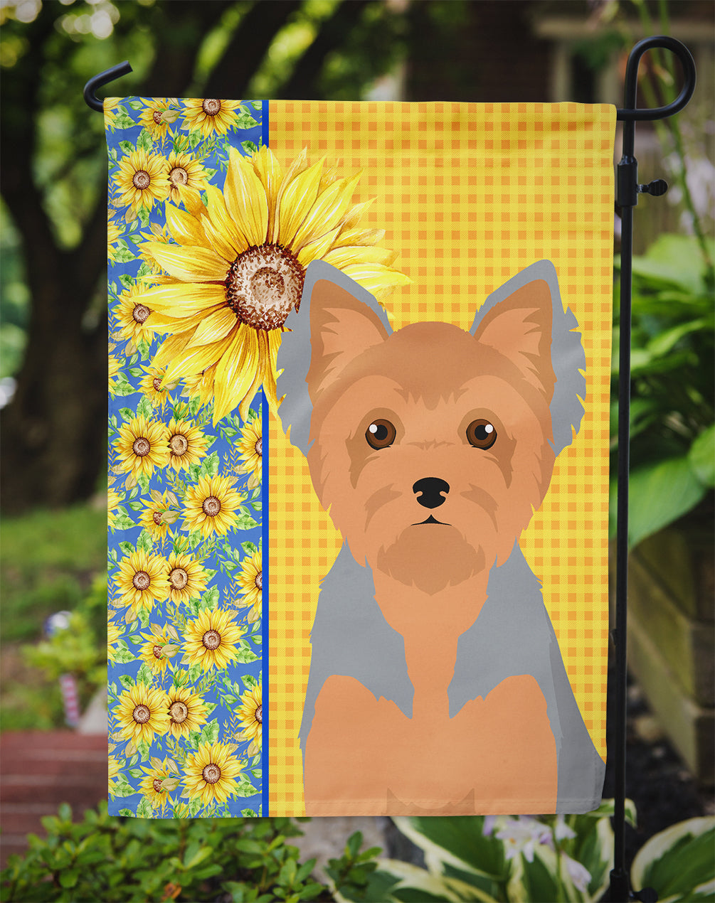 Summer Sunflowers Blue and Tan Puppy Cut Yorkshire Terrier Garden Flag