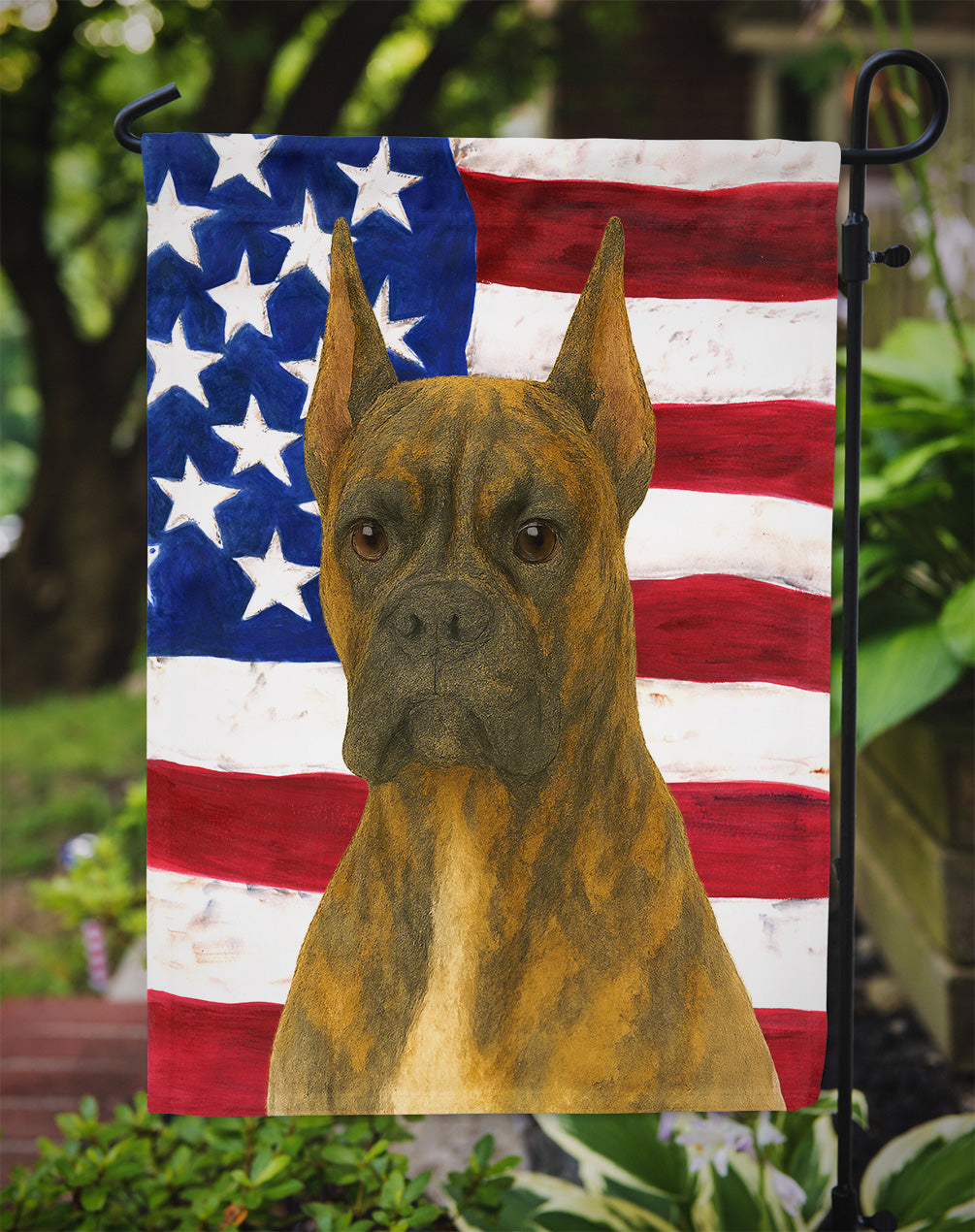 Brindle Cropped Boxer American Flag Garden Flag