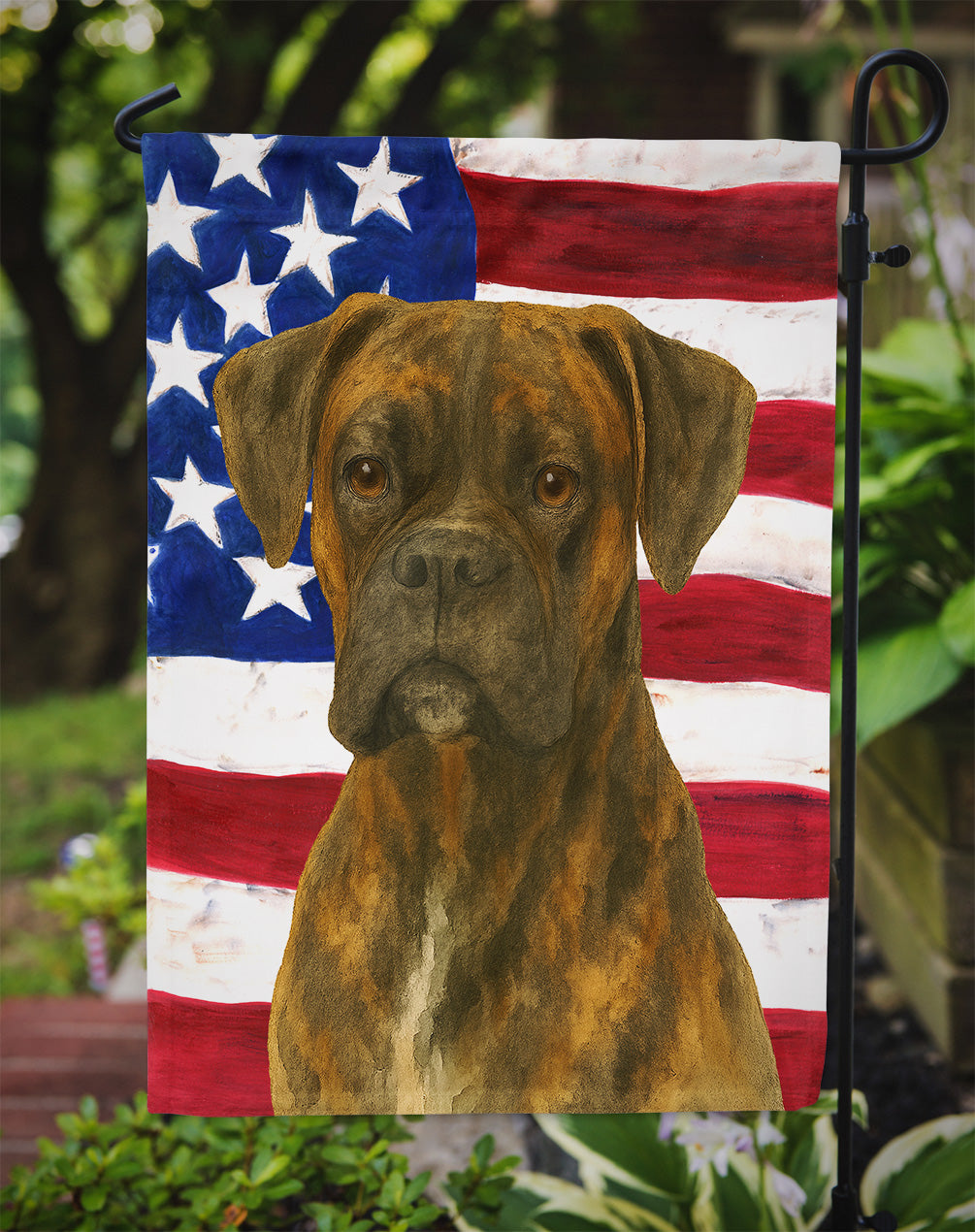 Brindle Boxer American Flag Garden Flag