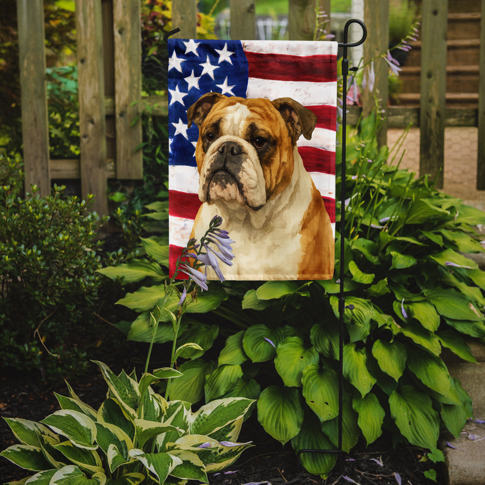 Brindle and White English Bulldog American Flag Garden Flag