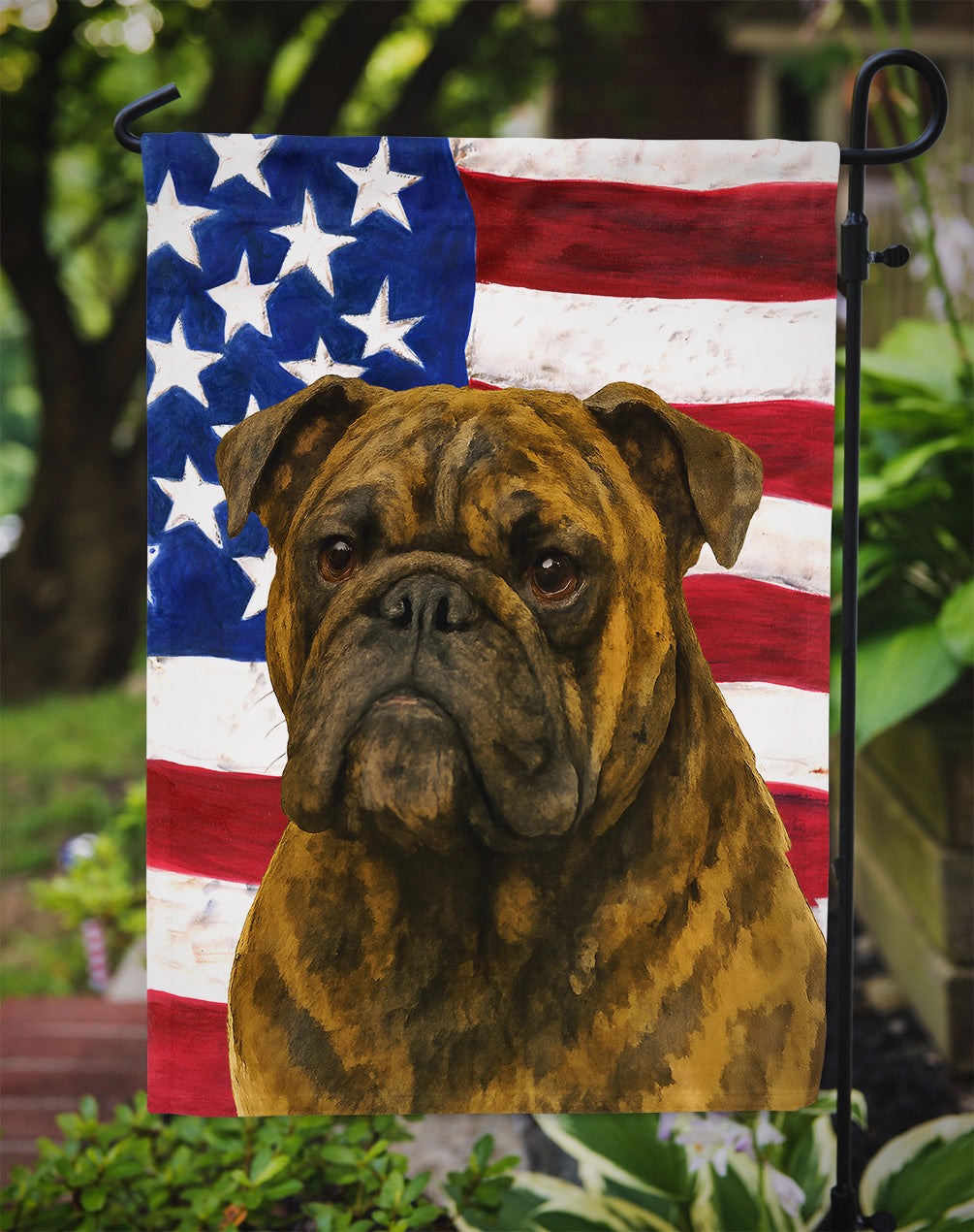 Brindle English Bulldog American Flag Garden Flag