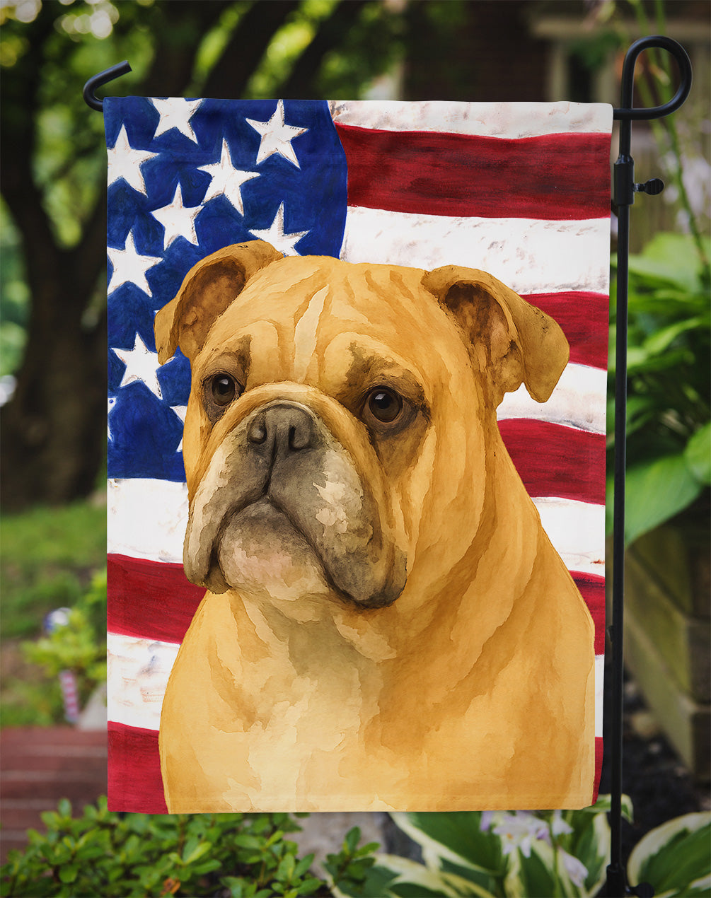 Fawn English Bulldog American Flag Garden Flag