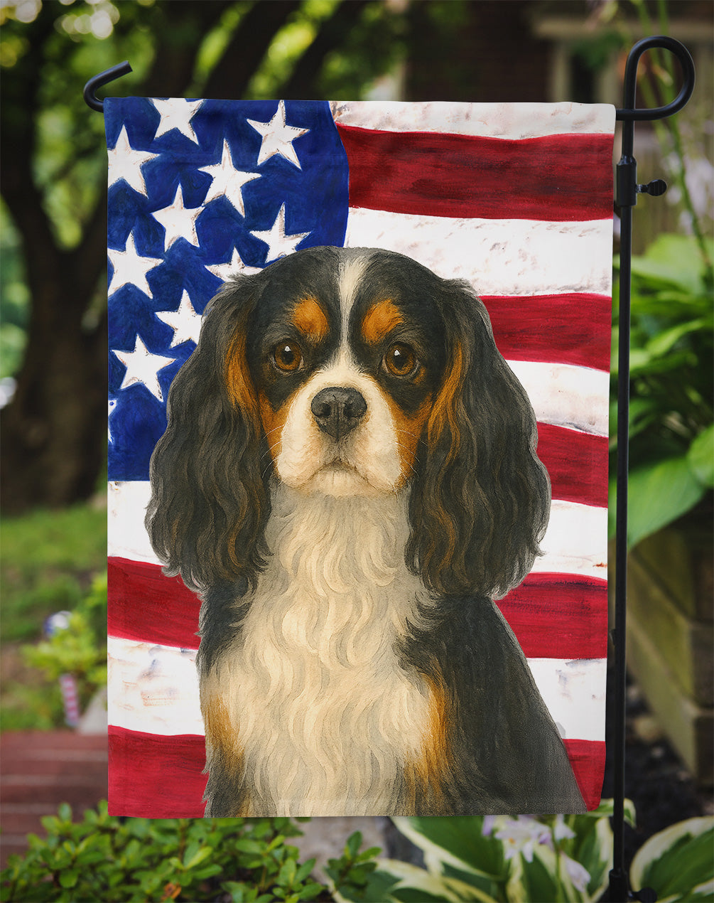 Tricolor Cavalier Spaniel American Flag Garden Flag