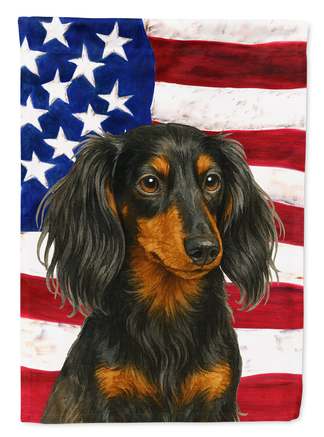 Buy this Longhaired Black and Tan Dachshund American Flag House Flag