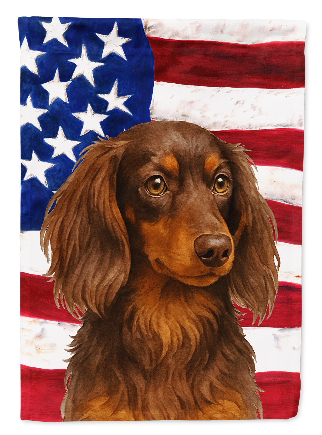 Buy this Longhaired Chocolate and Tan Dachshund American Flag House Flag