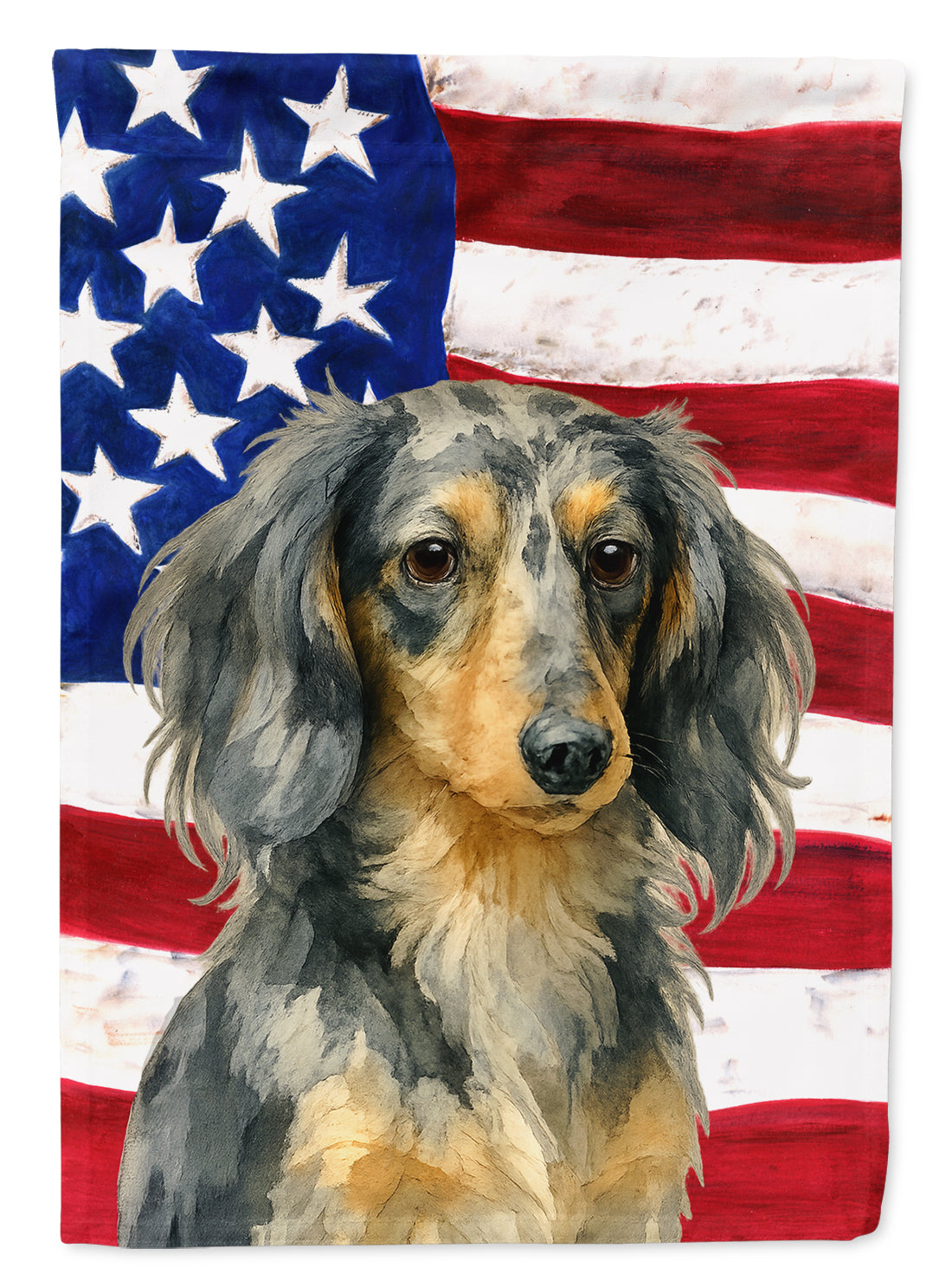 Buy this Longhaired Dapple Dachshund American Flag House Flag