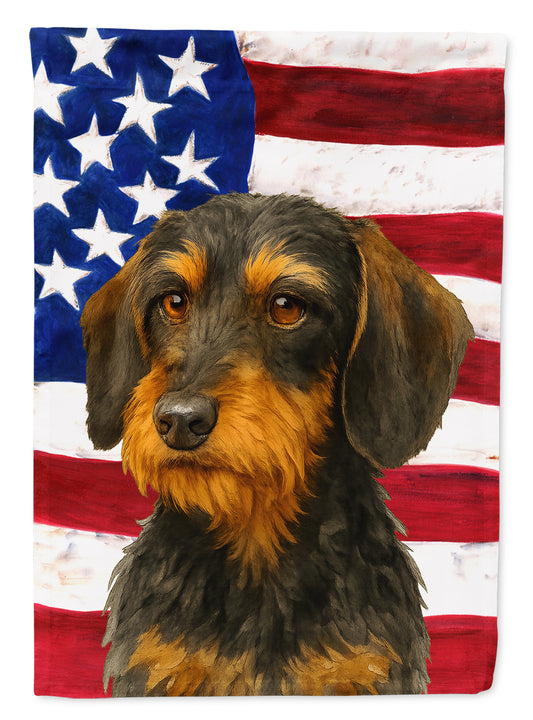 Buy this Wirehaired Black and Tan Dachshund American Flag House Flag