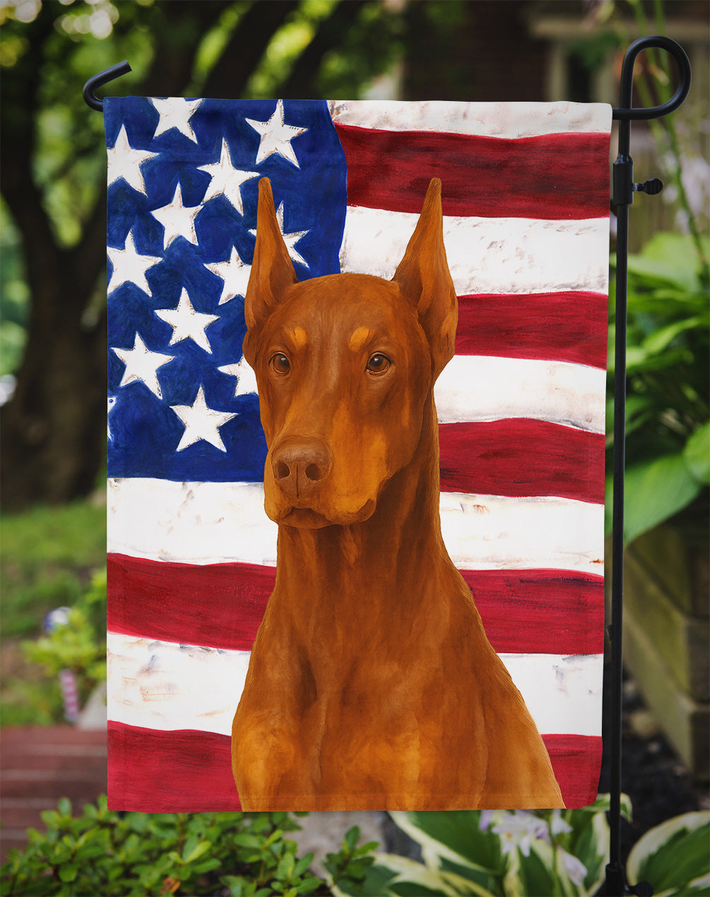 Red Doberman Pinscher American Flag Garden Flag