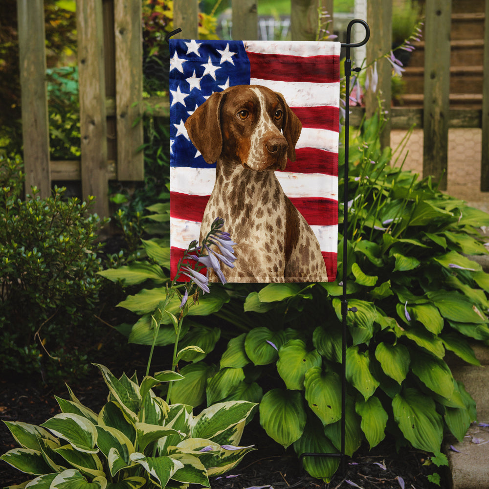 Liver and White German Shorthaired Pointer American Flag Garden Flag